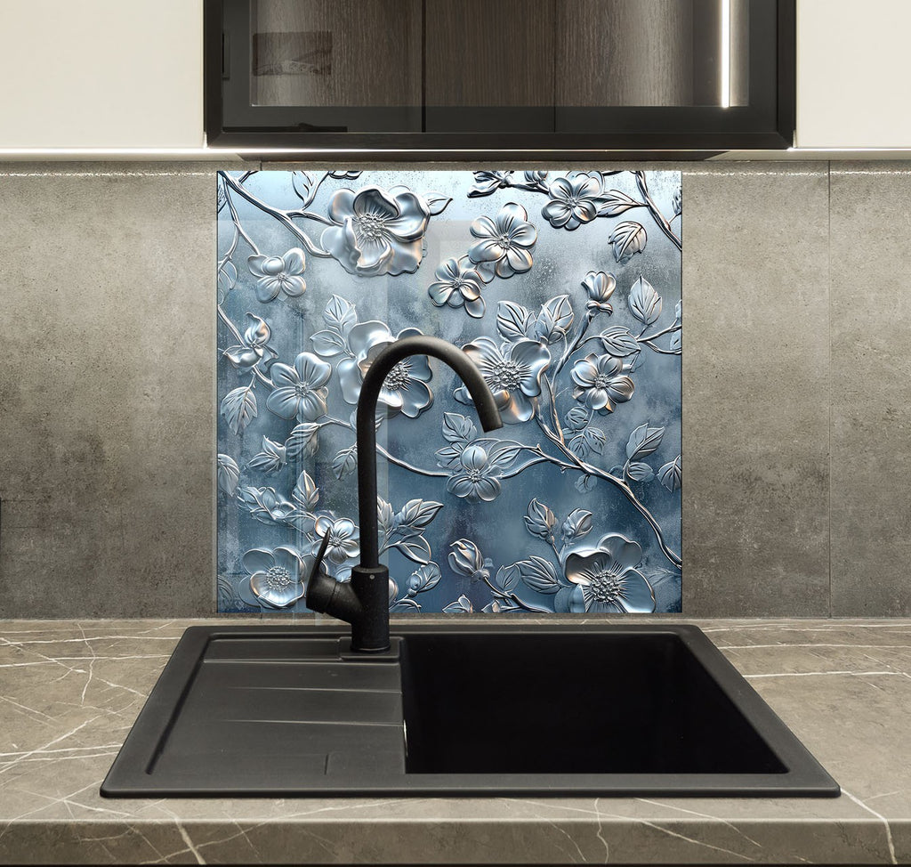 Silver Blossom Elegance - Glass Kitchen Backsplash-BacksplashArtworks
