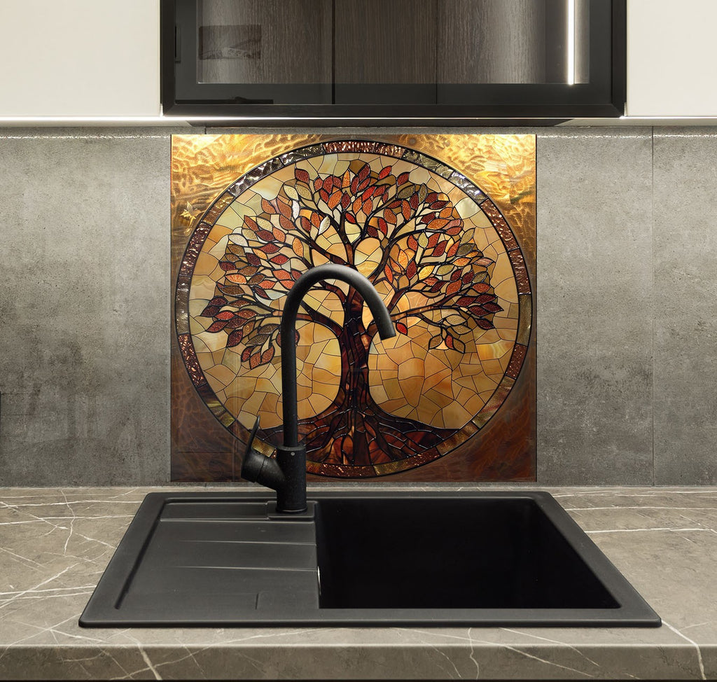 Stained Glass Tree of Life - Glass Kitchen Backsplash-BacksplashArtworks