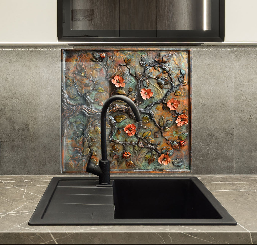 Blossoming Tree - Glass Kitchen Backsplash-BacksplashArtworks