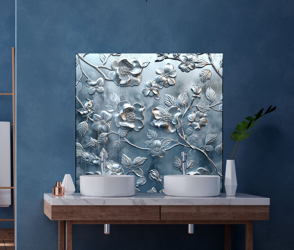 Silver Blossom Elegance - Glass Kitchen Backsplash-BacksplashArtworks