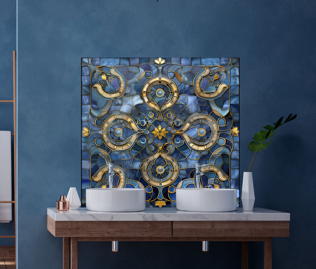 Royal Blue & Gold - Glass Kitchen Backsplash-BacksplashArtworks