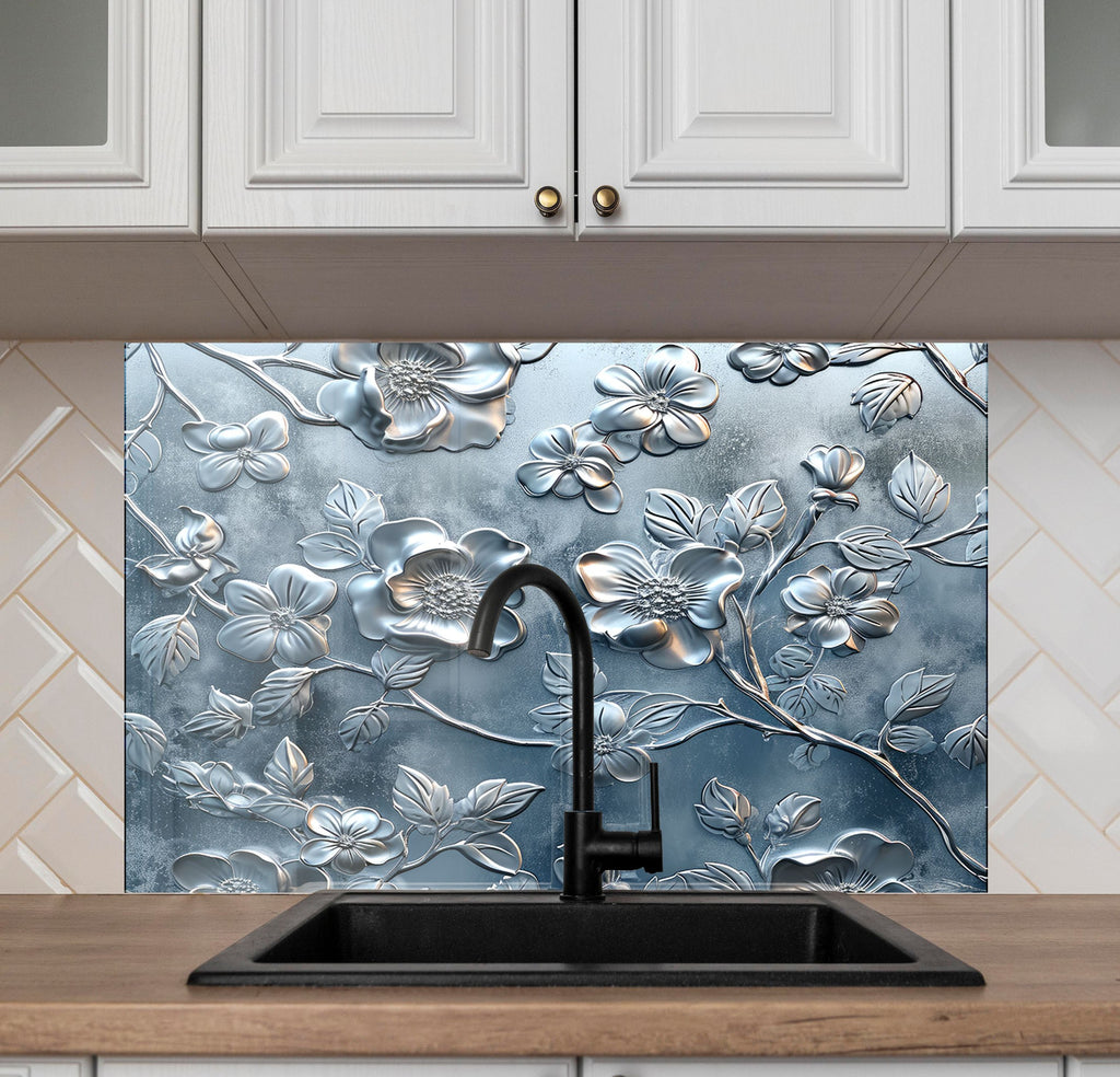 Silver Blossom Elegance - Glass Kitchen Backsplash-BacksplashArtworks
