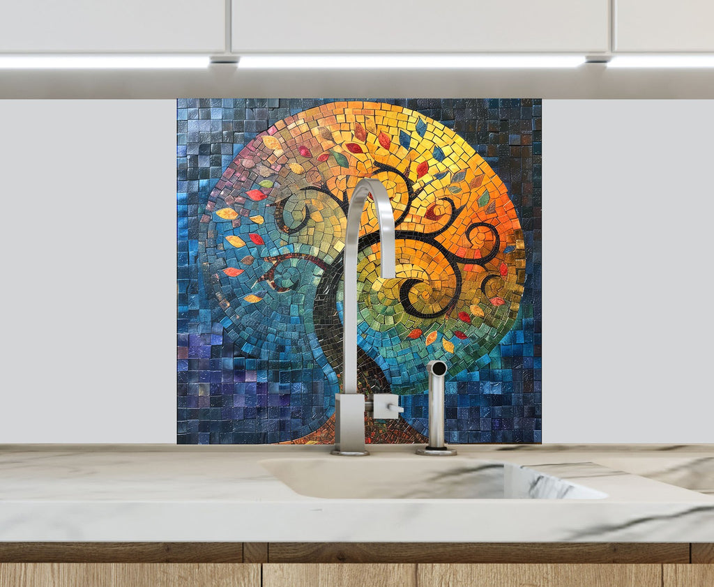 Mosaic Glass Kitchen Backsplash with Colorful Tree of Life Design-BacksplashArtworks