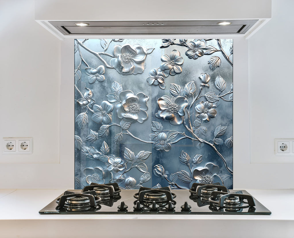 Silver Blossom Elegance - Glass Kitchen Backsplash-BacksplashArtworks