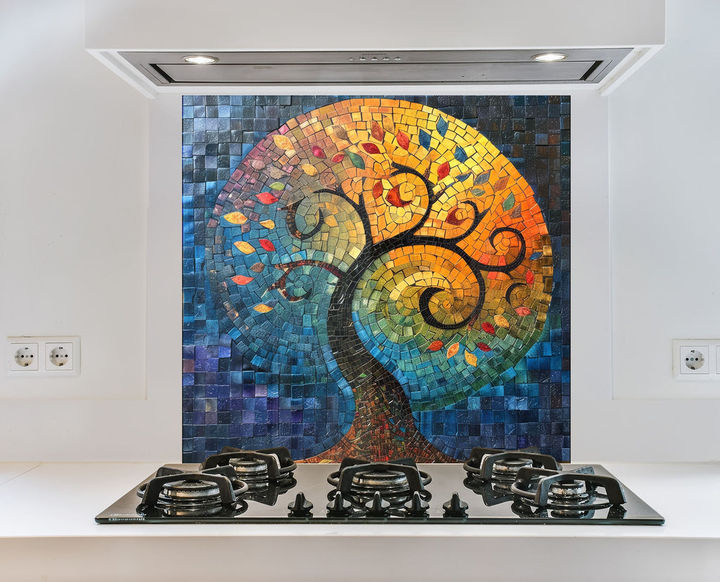 Mosaic Glass Kitchen Backsplash with Colorful Tree of Life Design-BacksplashArtworks