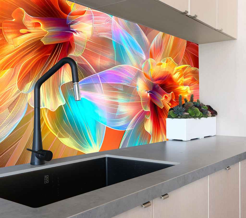 Vibrant Blossoms – Glass Kitchen Backsplash-BacksplashArtworks