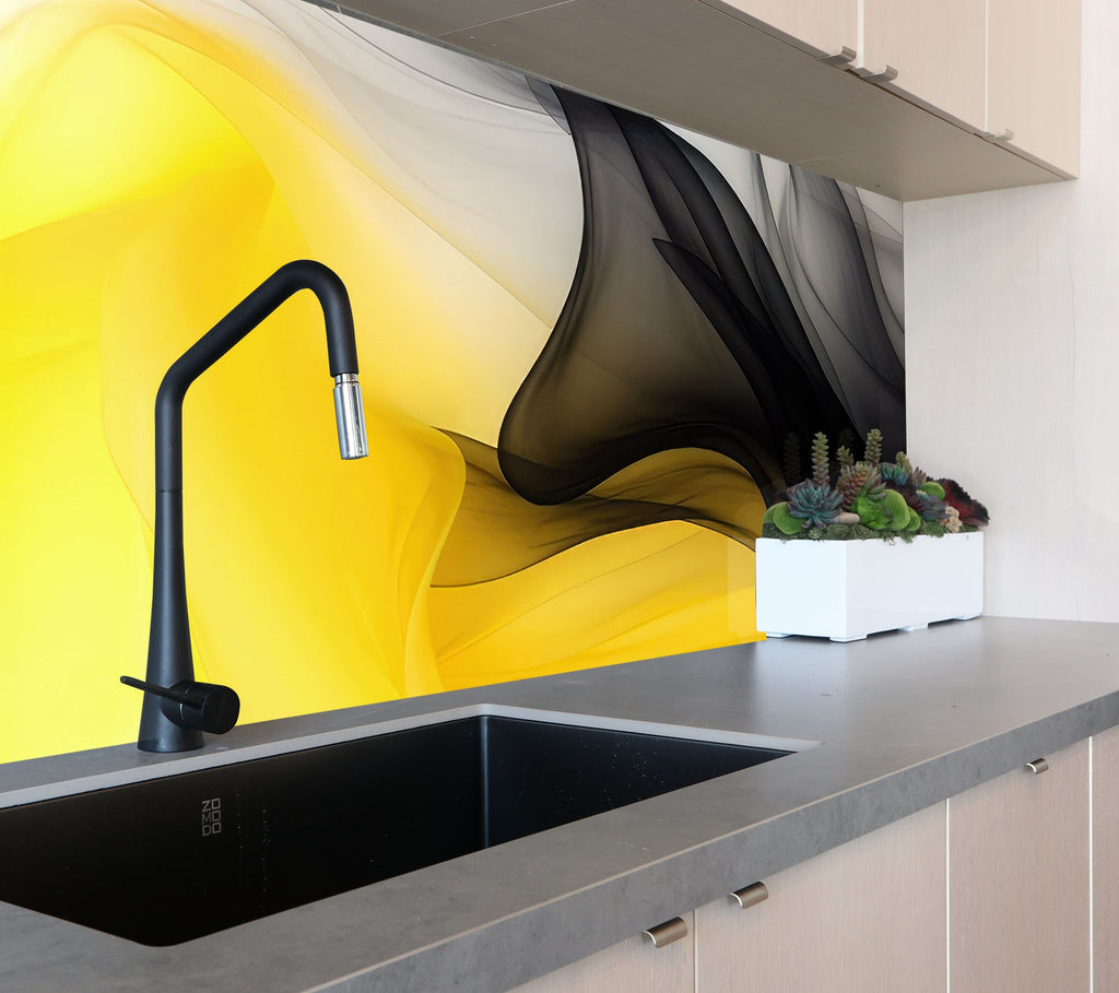 Yellow & Black Flow – Glass Kitchen Backsplash-BacksplashArtworks