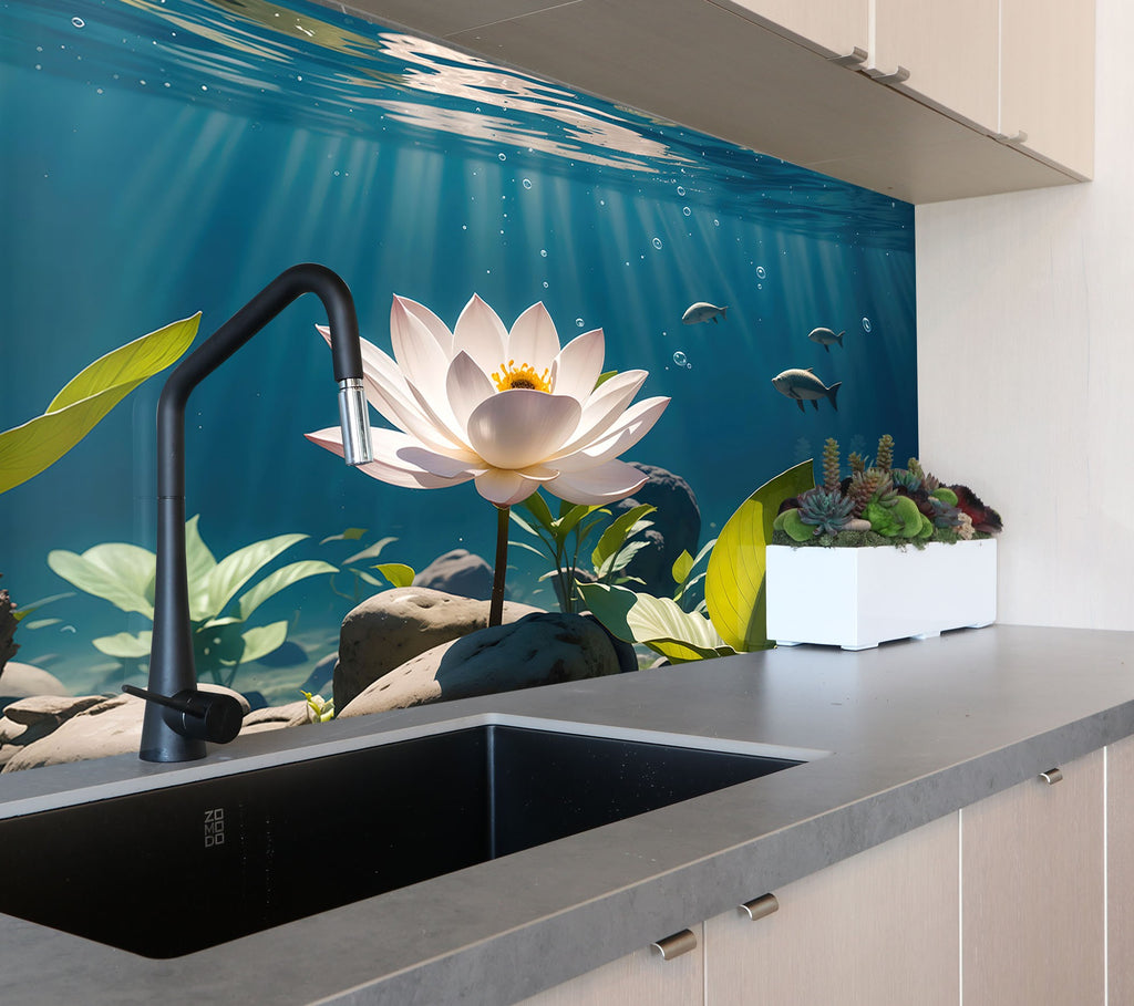 Tranquil Lotus Pond - Glass Kitchen Backsplash-BacksplashArtworks