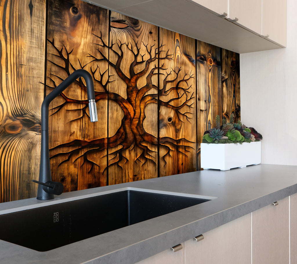 Wooden Tree of Life - Glass Kitchen Backsplash-BacksplashArtworks