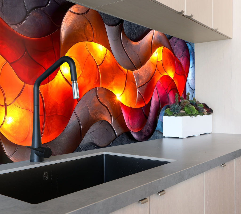 Fireside Flow – Glass Kitchen Backsplash-BacksplashArtworks