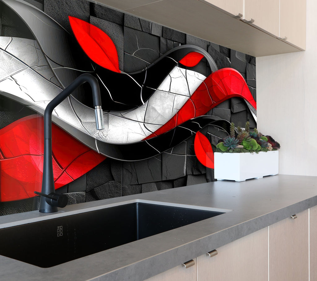 Crimson Wave – Glass Kitchen Backsplash-BacksplashArtworks