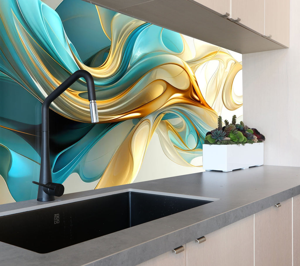 Golden Waves – Tempered Glass Kitchen Backsplash-BacksplashArtworks