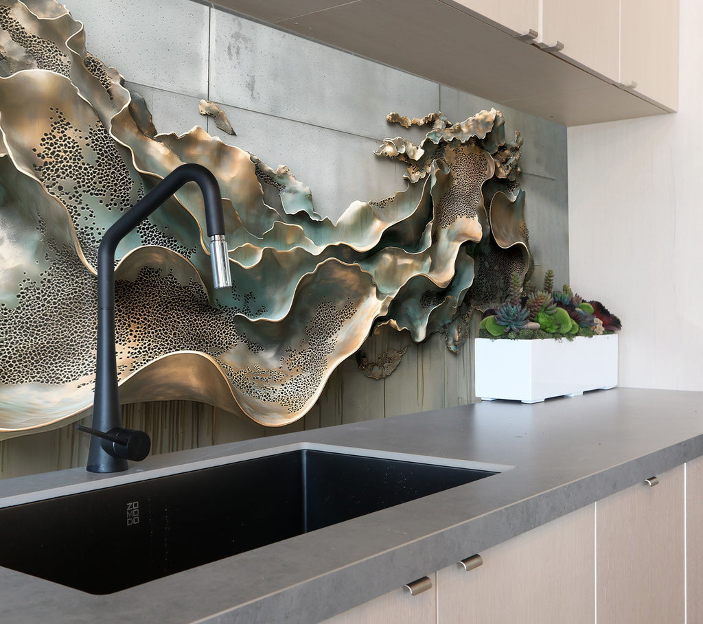 Blue Metallic Scales - Glass Kitchen Backsplash-BacksplashArtworks