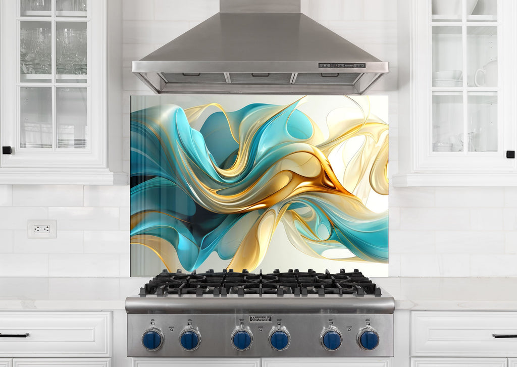 Golden Waves – Tempered Glass Kitchen Backsplash-BacksplashArtworks