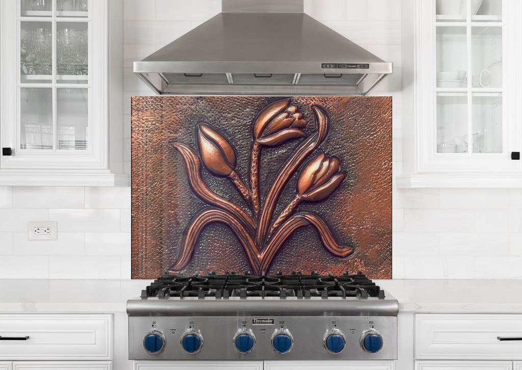 Copper Tulip Symphony - Tempered Glass Kitchen Backsplash-BacksplashArtworks