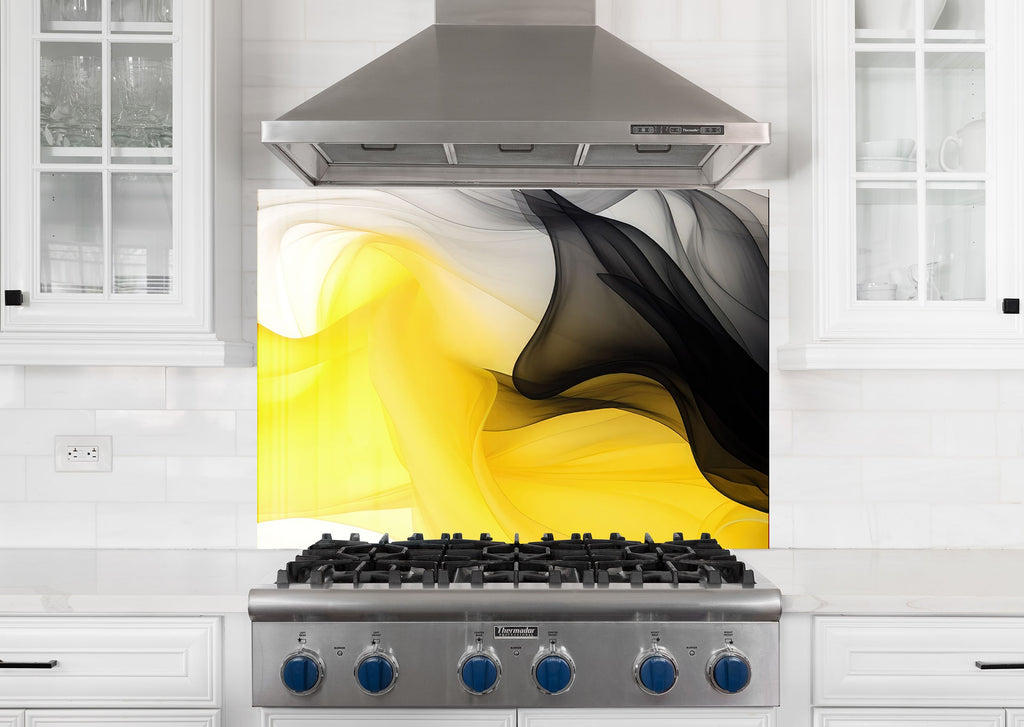Yellow & Black Flow – Glass Kitchen Backsplash-BacksplashArtworks