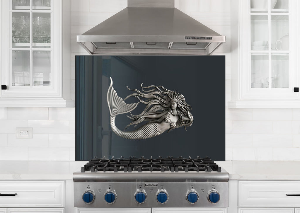 Silver Mermaid - Glass Kitchen Backsplash-BacksplashArtworks