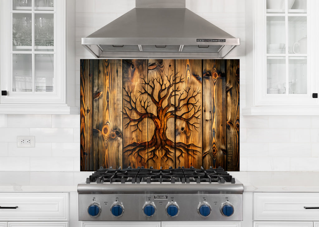 Wooden Tree of Life - Glass Kitchen Backsplash-BacksplashArtworks