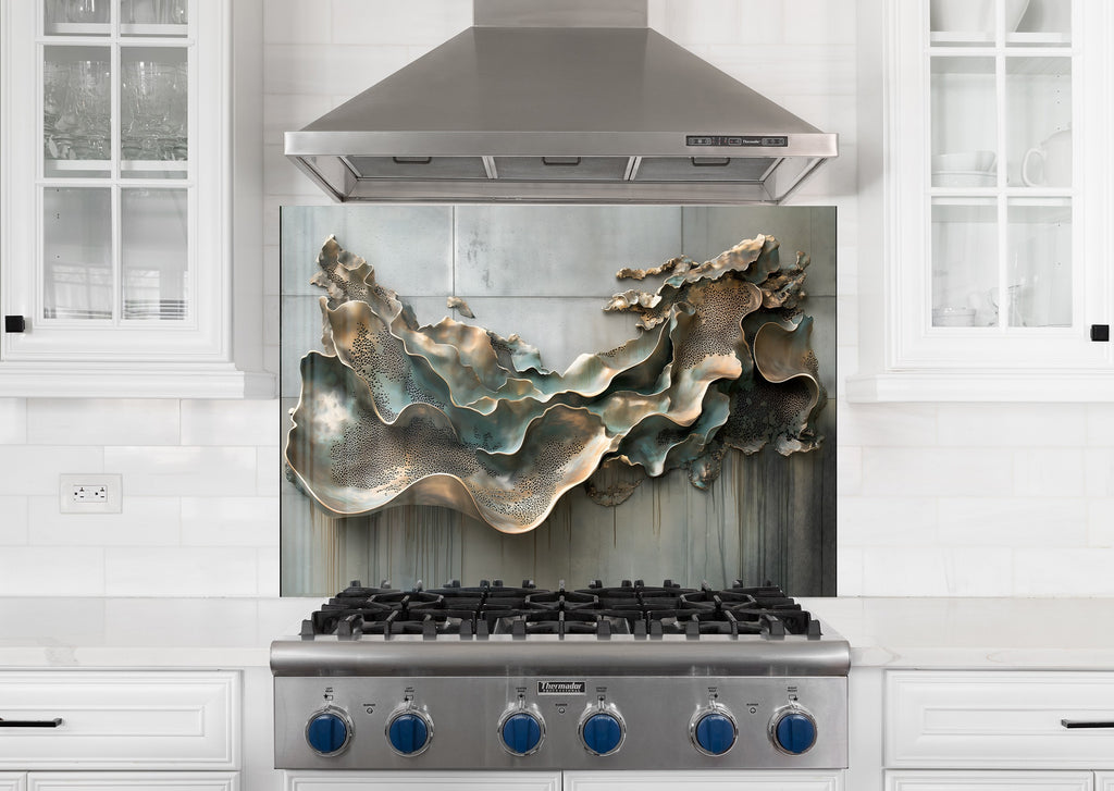 Blue Metallic Scales - Glass Kitchen Backsplash-BacksplashArtworks