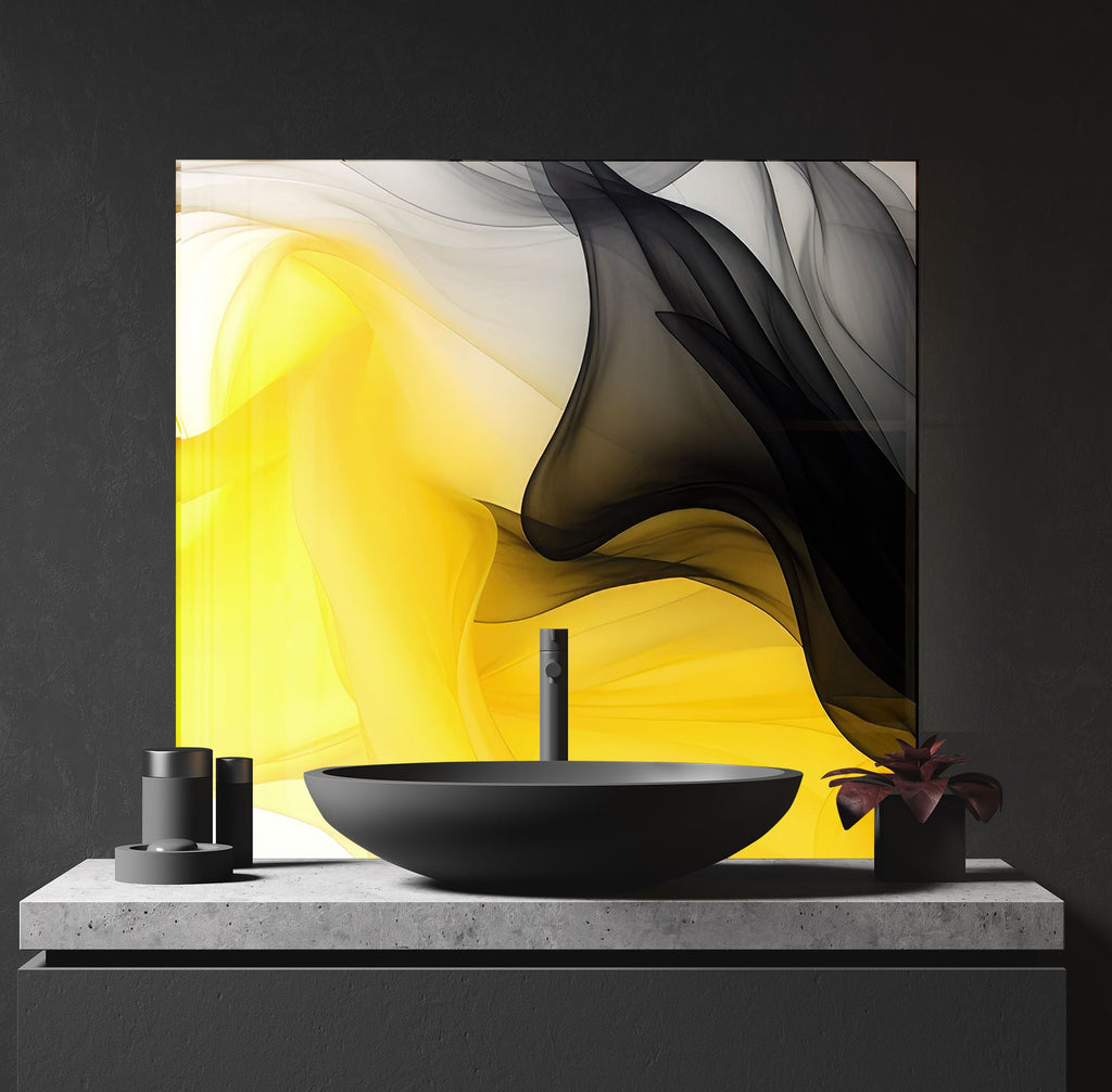 Yellow & Black Flow – Glass Kitchen Backsplash-BacksplashArtworks