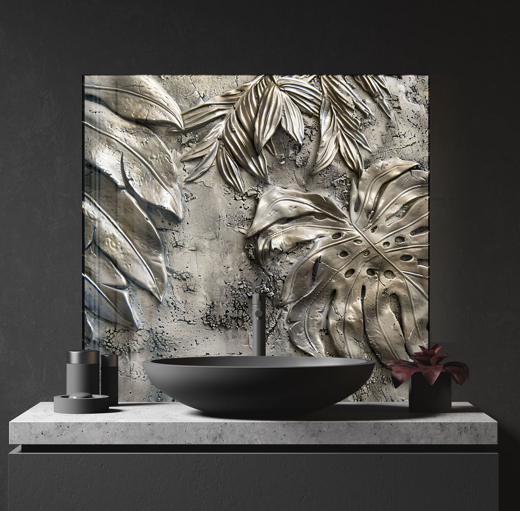 Silver Monstera Leaf - Glass Kitchen Backsplash-BacksplashArtworks
