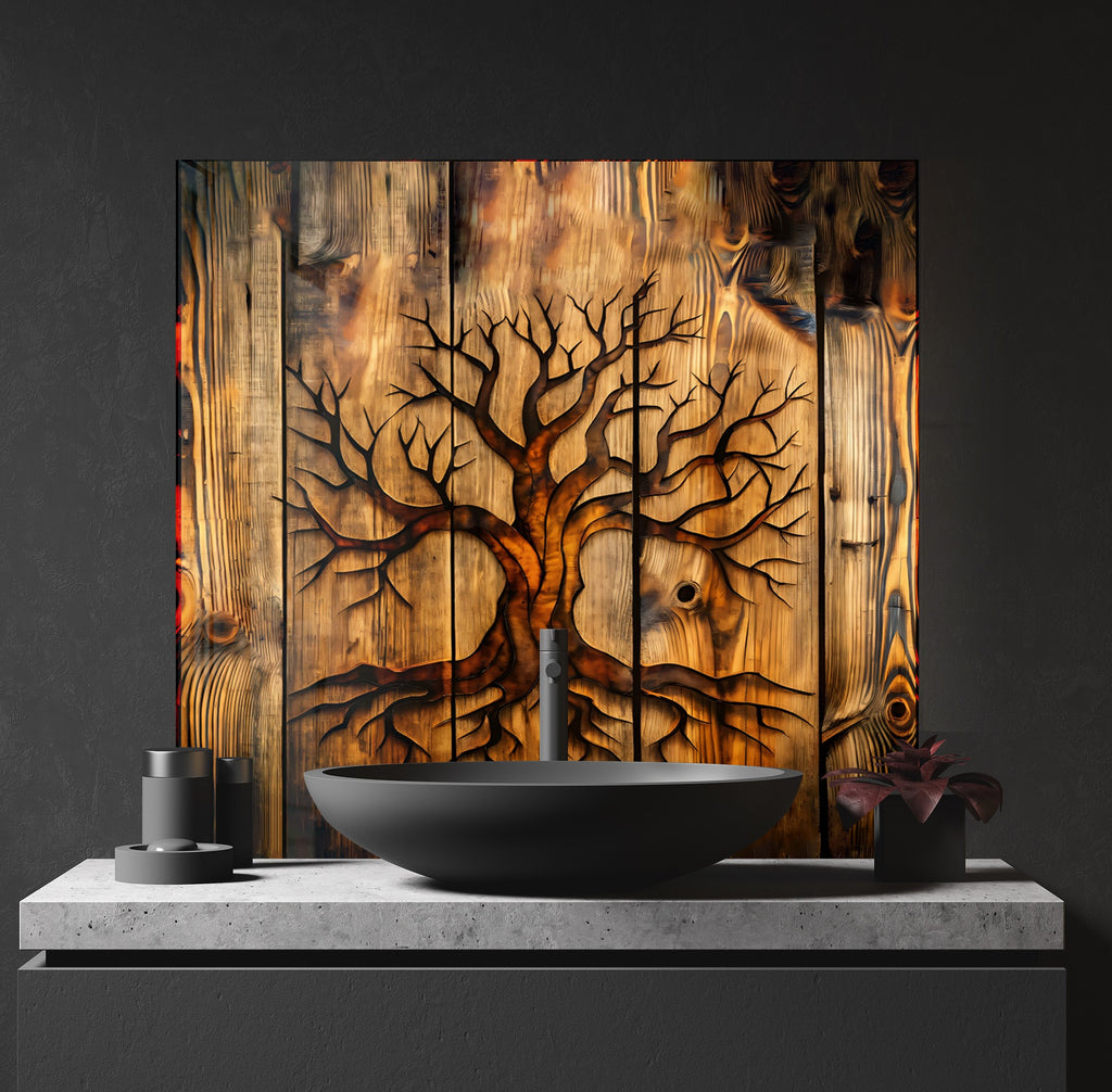Wooden Tree of Life - Glass Kitchen Backsplash-BacksplashArtworks