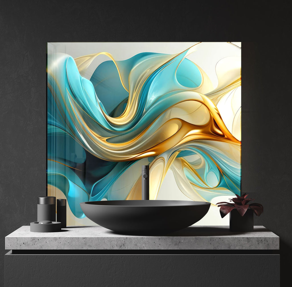 Golden Waves – Tempered Glass Kitchen Backsplash-BacksplashArtworks