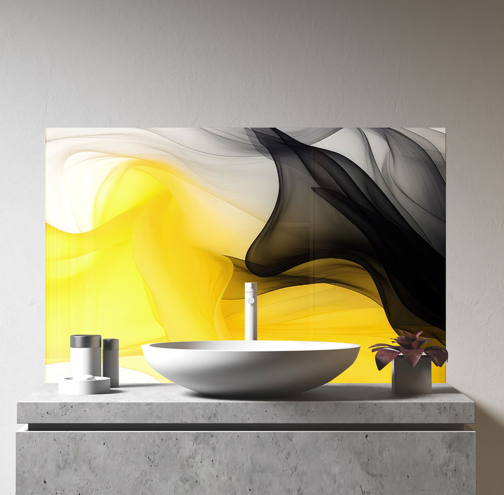 Yellow & Black Flow – Glass Kitchen Backsplash-BacksplashArtworks