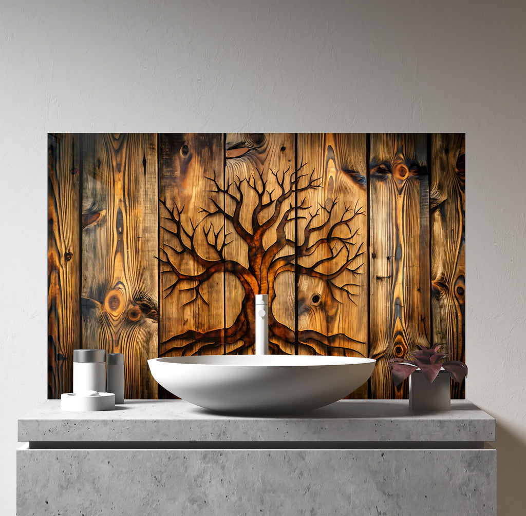 Wooden Tree of Life - Glass Kitchen Backsplash-BacksplashArtworks