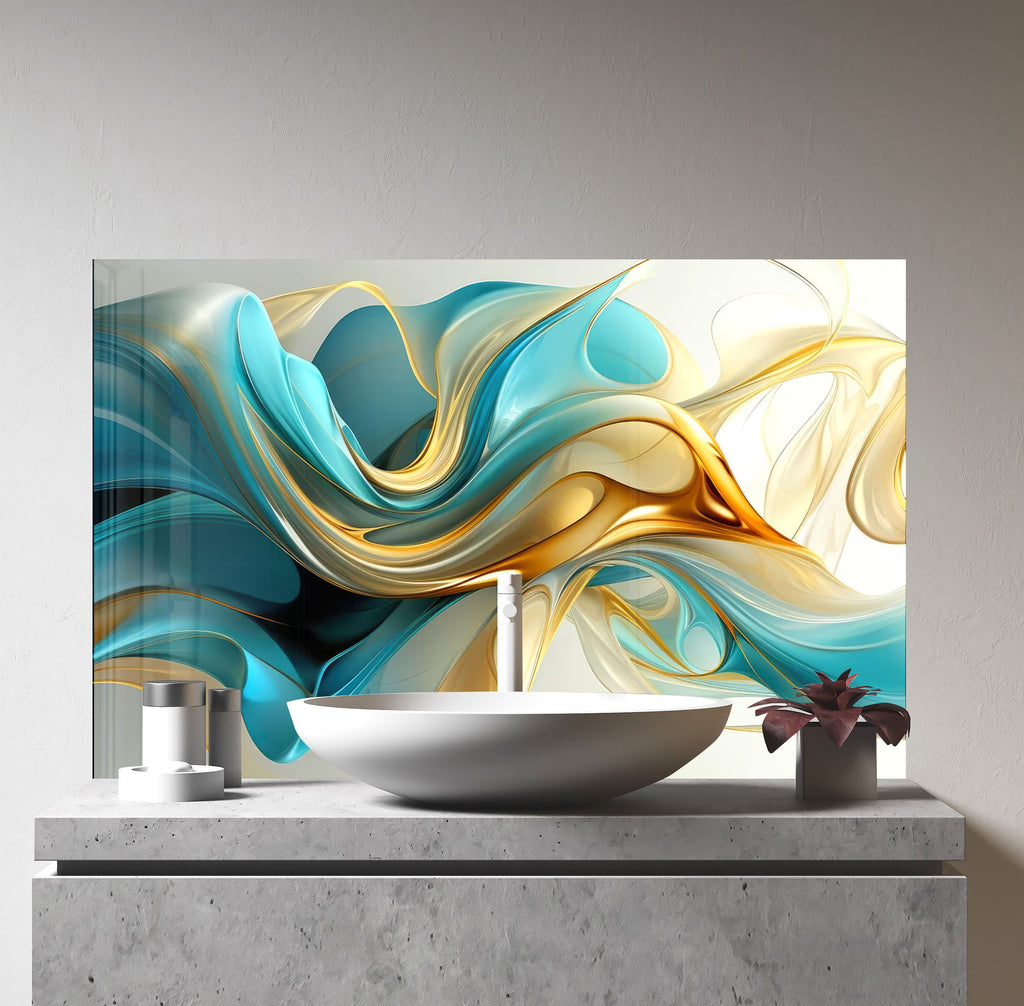 Golden Waves – Tempered Glass Kitchen Backsplash-BacksplashArtworks