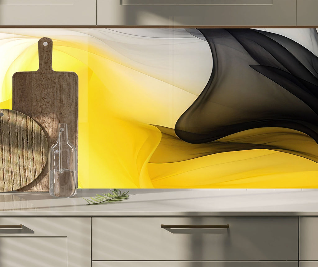 Yellow & Black Flow – Glass Kitchen Backsplash-BacksplashArtworks