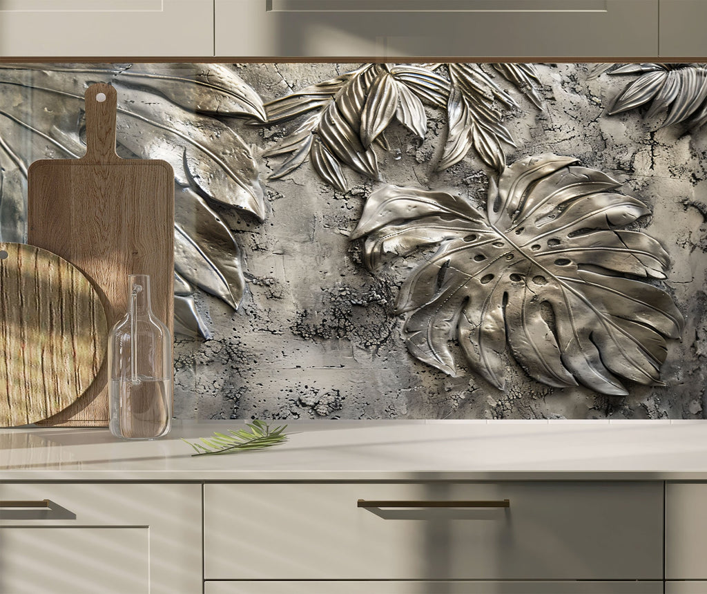 Silver Monstera Leaf - Glass Kitchen Backsplash-BacksplashArtworks