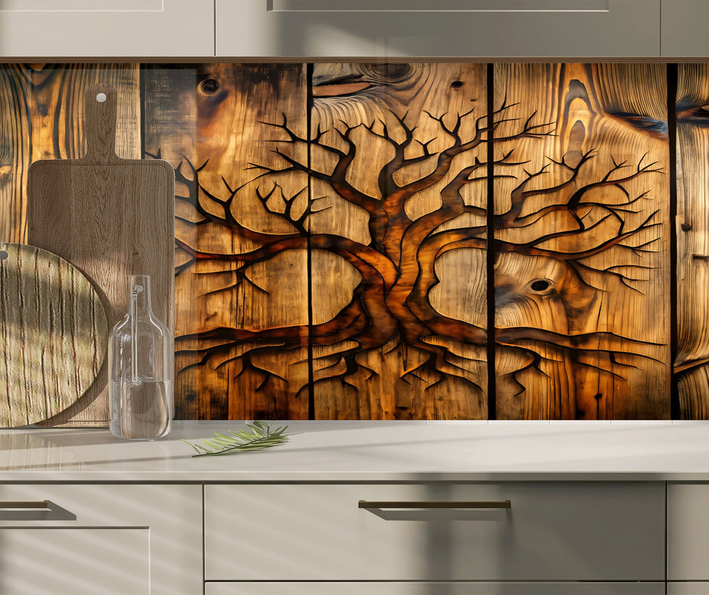 Wooden Tree of Life - Glass Kitchen Backsplash-BacksplashArtworks