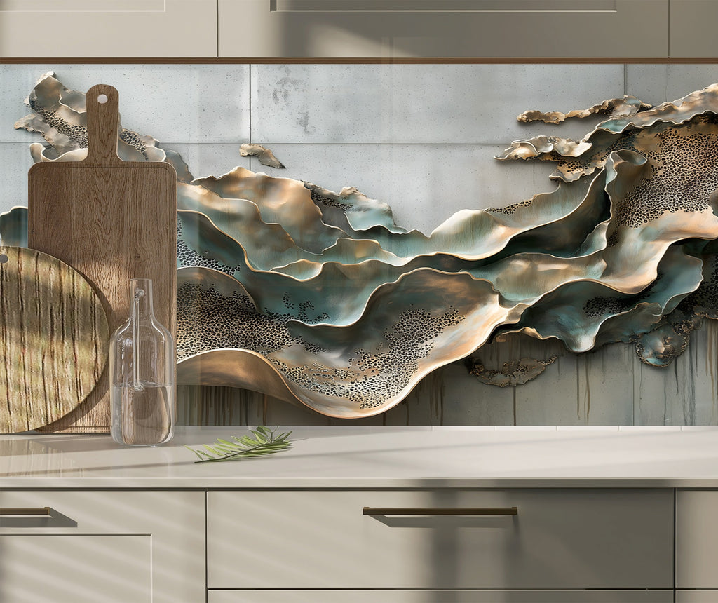Blue Metallic Scales - Glass Kitchen Backsplash-BacksplashArtworks