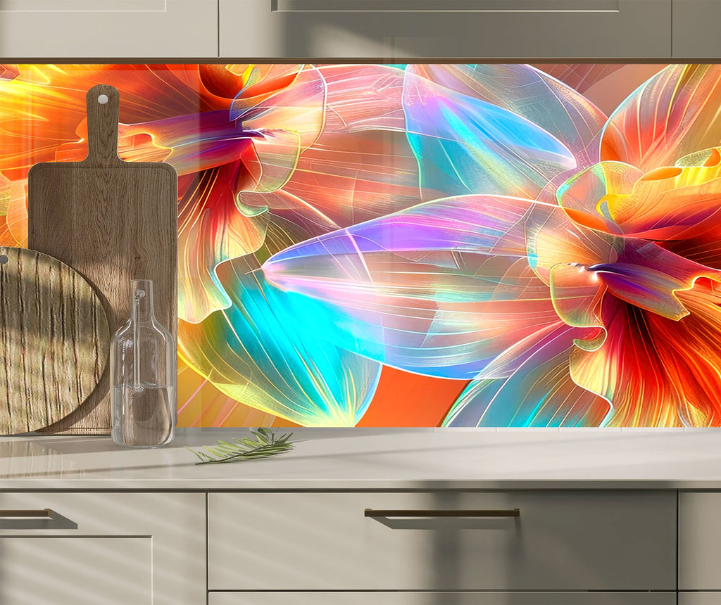 Vibrant Blossoms – Glass Kitchen Backsplash-BacksplashArtworks