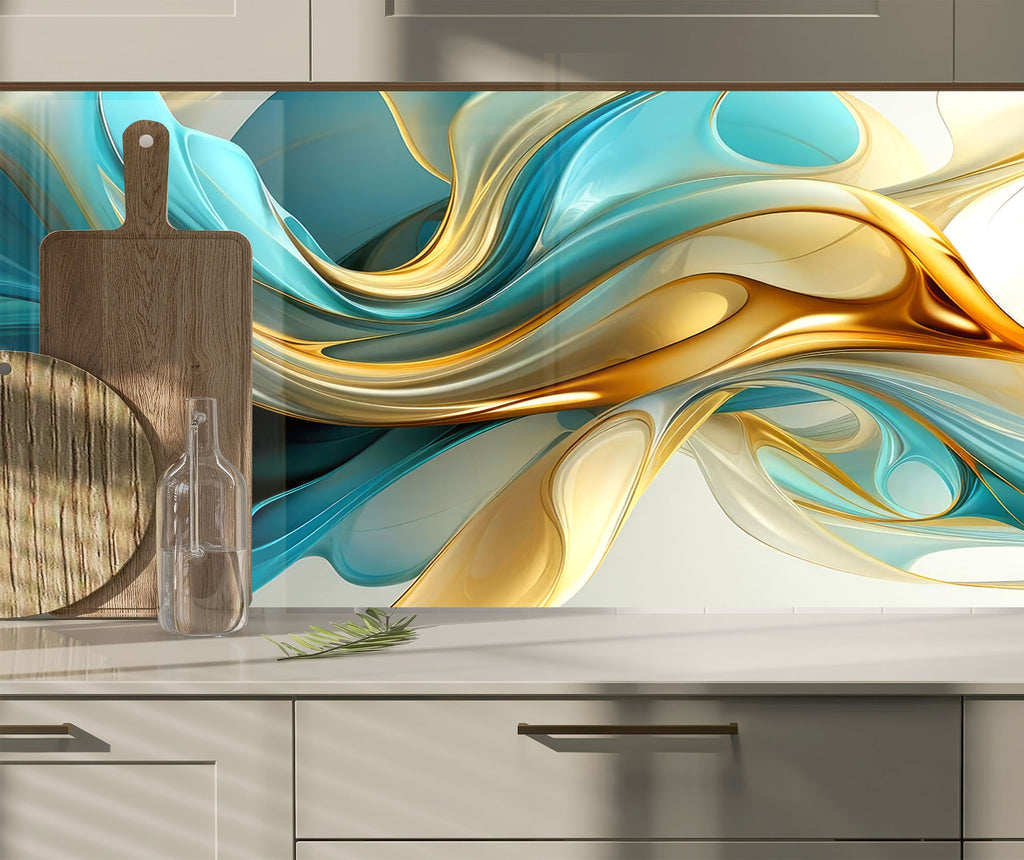 Golden Waves – Tempered Glass Kitchen Backsplash-BacksplashArtworks