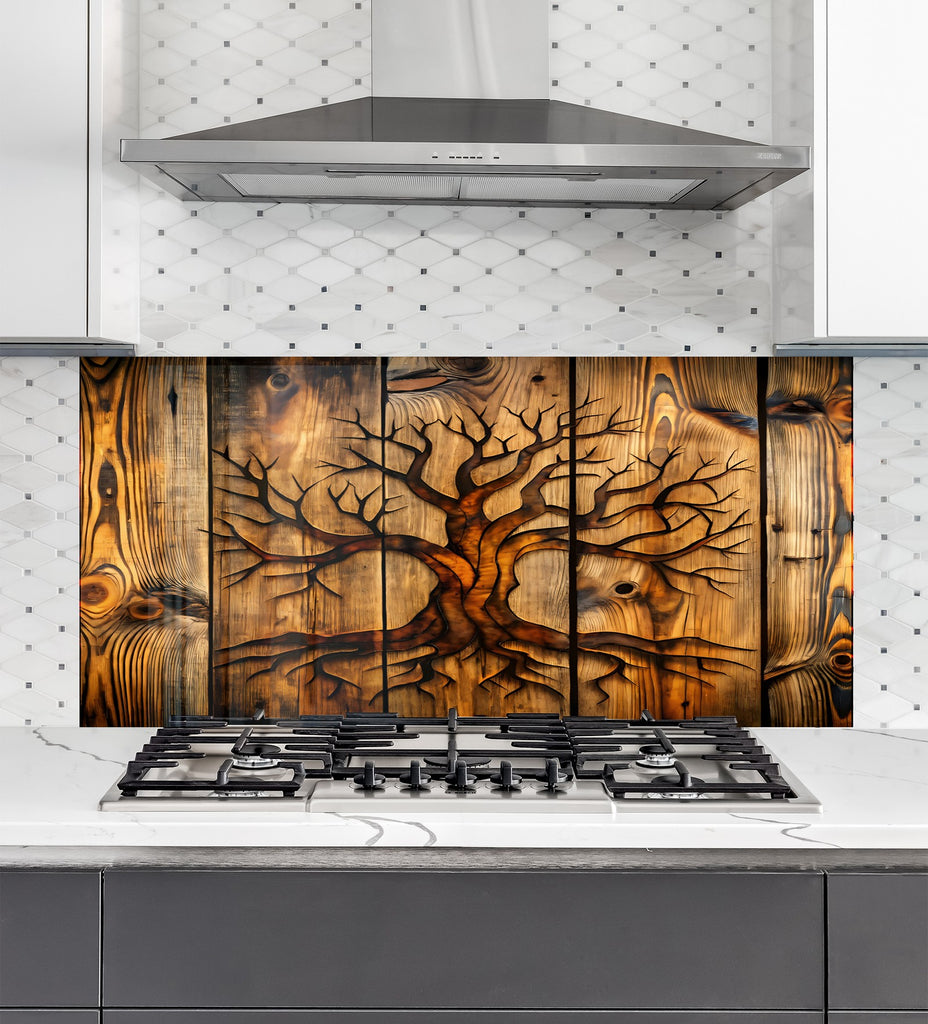 Wooden Tree of Life - Glass Kitchen Backsplash-BacksplashArtworks