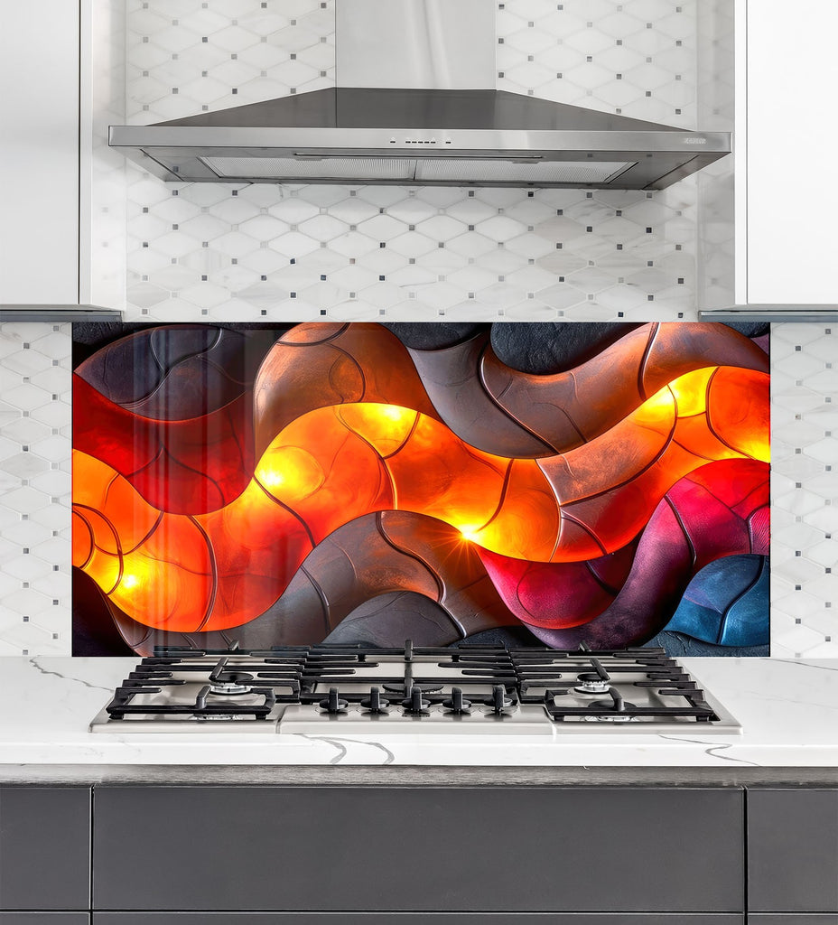 Fireside Flow – Glass Kitchen Backsplash-BacksplashArtworks