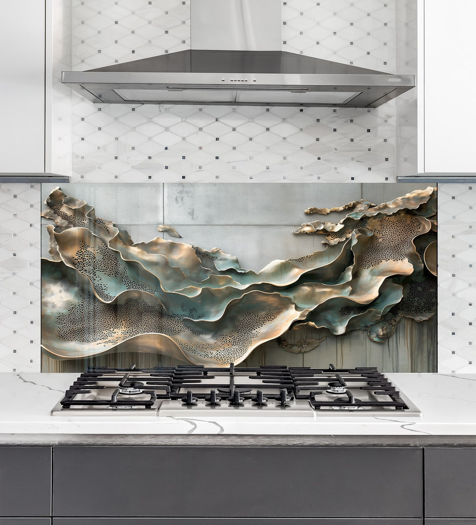 Blue Metallic Scales - Glass Kitchen Backsplash-BacksplashArtworks