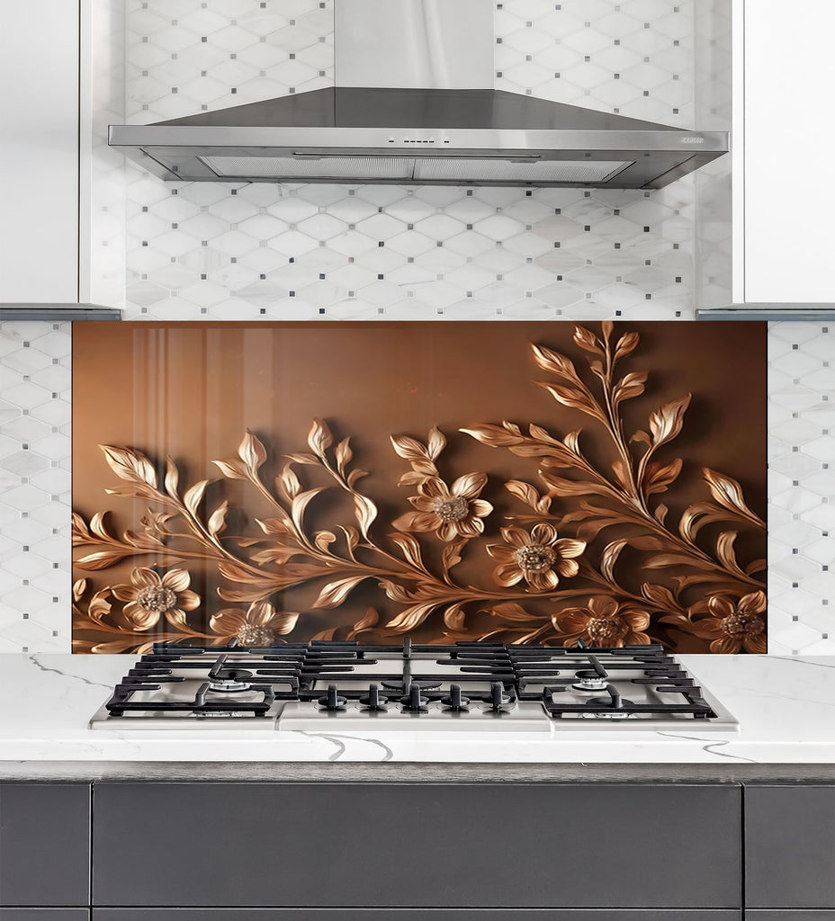 Bronze Floral Embossed - Glass Kitchen Backsplash-BacksplashArtworks