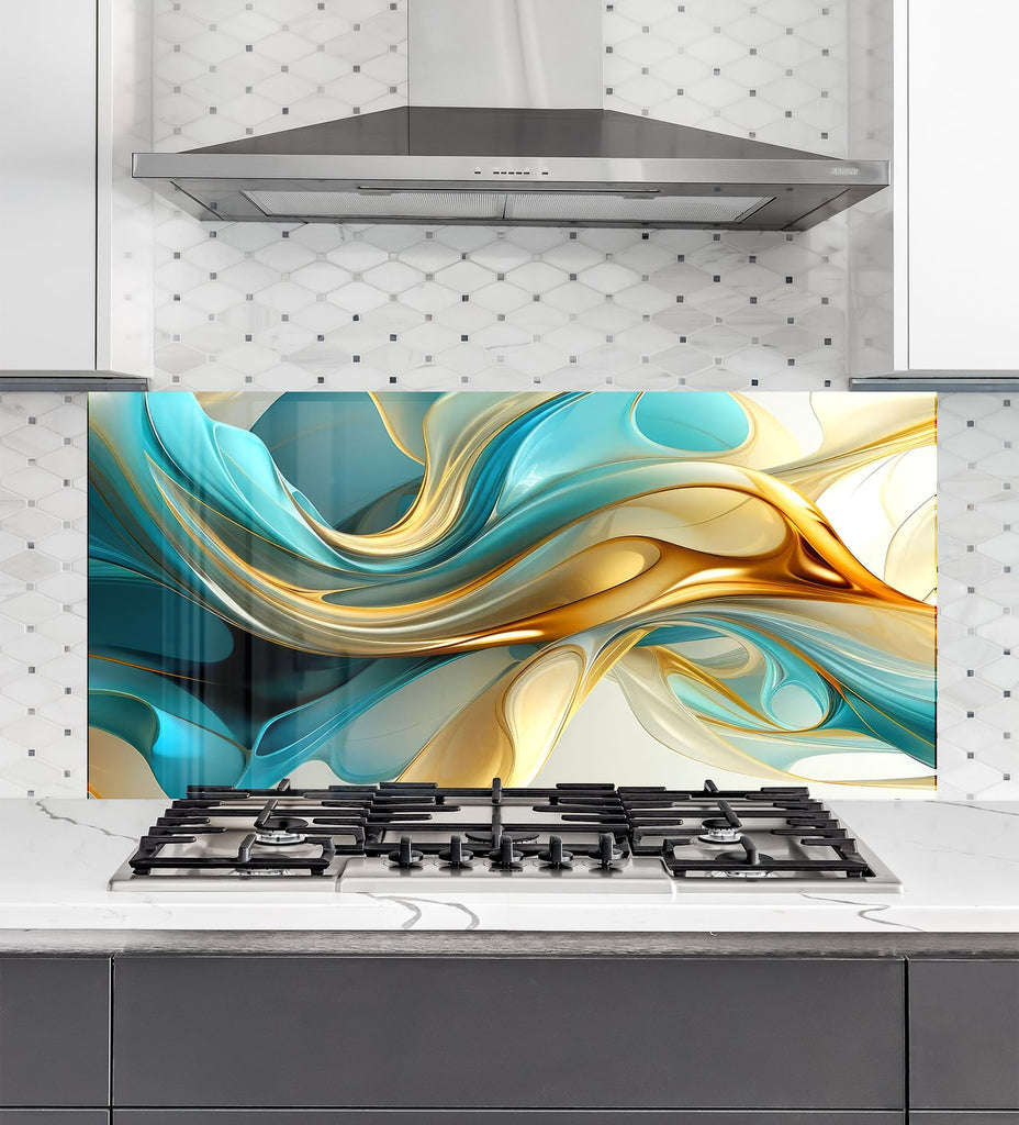 Golden Waves – Tempered Glass Kitchen Backsplash-BacksplashArtworks