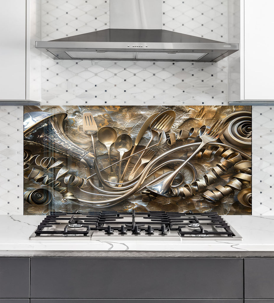 Golden Utensil Symphony - Glass Kitchen Backsplash-BacksplashArtworks