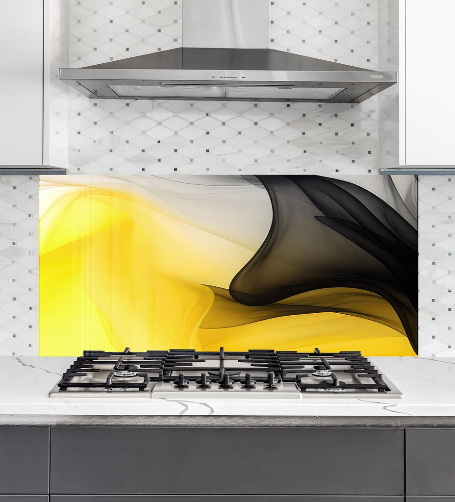 Yellow & Black Flow – Glass Kitchen Backsplash-BacksplashArtworks