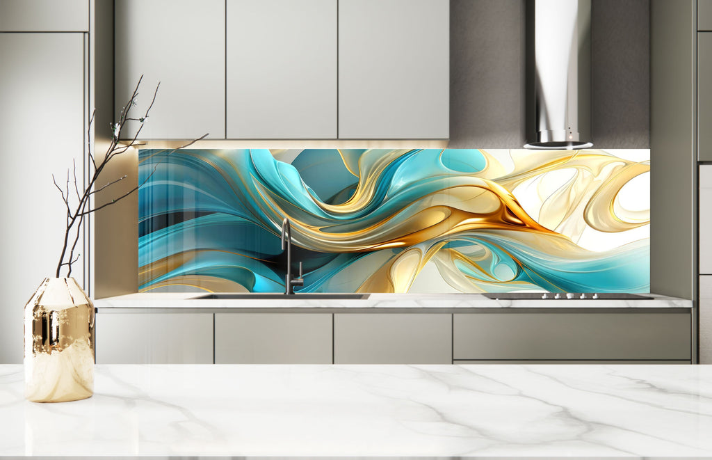 Golden Waves – Tempered Glass Kitchen Backsplash-BacksplashArtworks