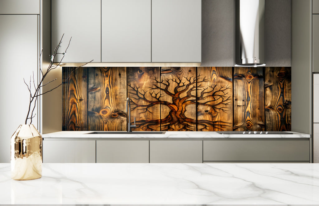 Wooden Tree of Life - Glass Kitchen Backsplash-BacksplashArtworks