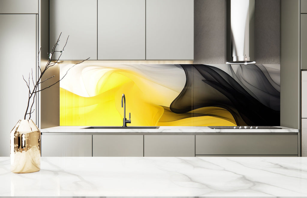 Yellow & Black Flow – Glass Kitchen Backsplash-BacksplashArtworks