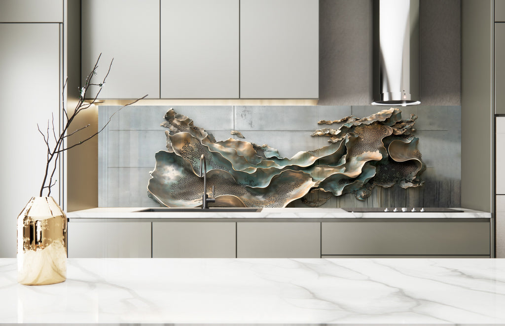 Blue Metallic Scales - Glass Kitchen Backsplash-BacksplashArtworks