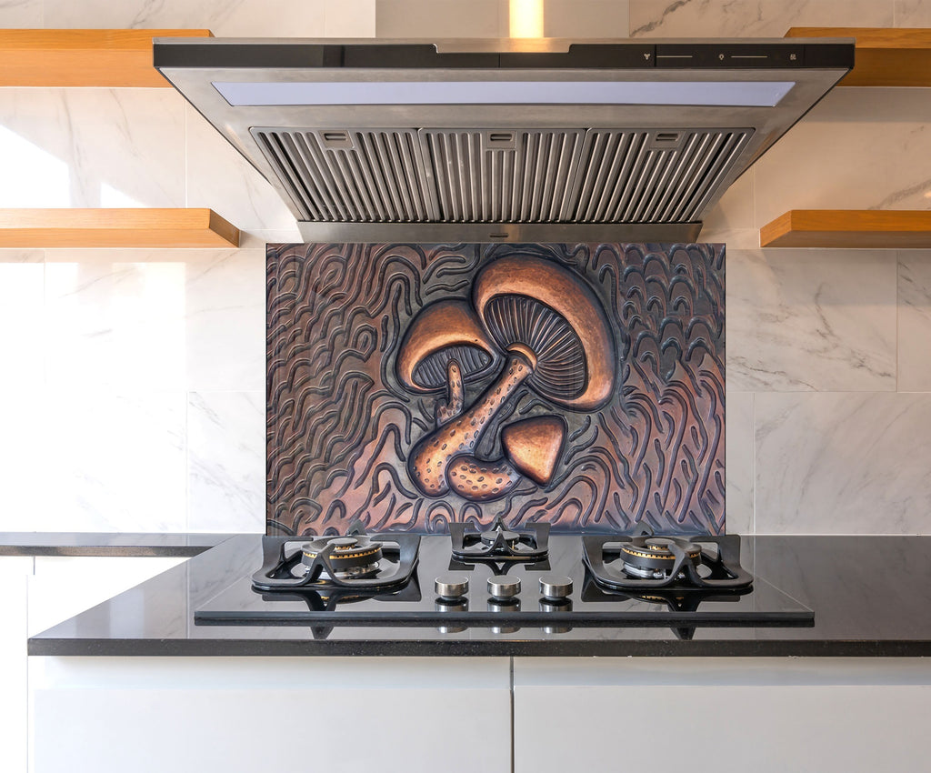 Bronze Mushroom Elegance - Glass Kitchen Backsplash-BacksplashArtworks