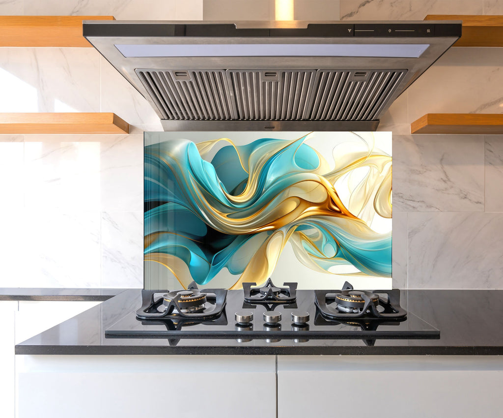 Golden Waves – Tempered Glass Kitchen Backsplash-BacksplashArtworks