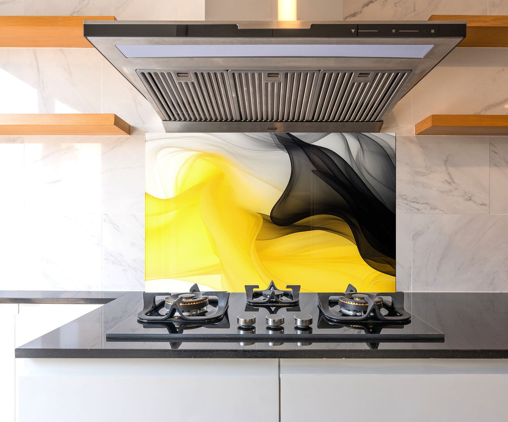 Yellow & Black Flow – Glass Kitchen Backsplash-BacksplashArtworks